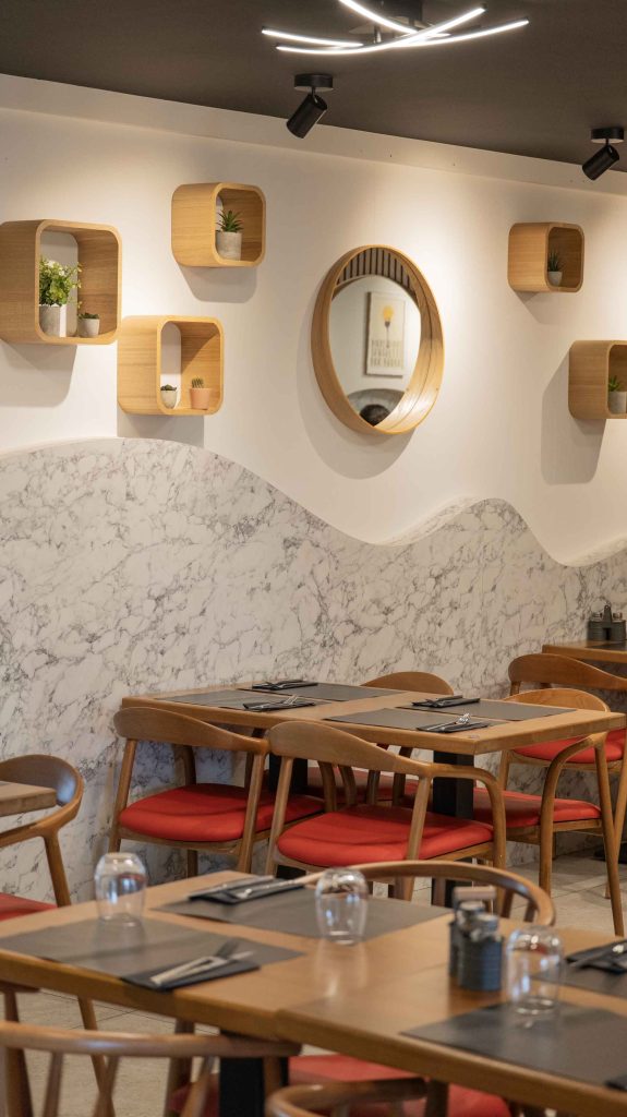 Salle lumineuse du restaurant halal O'Grill à Marsannay-la-Côte avec mur en marbre, miroir rond et chaises en bois rouges